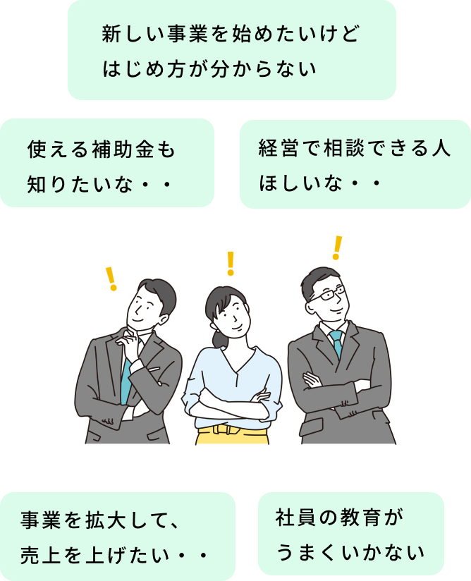 新しい事業を始めたいけど始め方がわからない、使える補助金が知りたいなど経営で悩んでいる経営者の写真